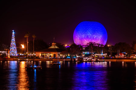 Orlando, Florida. November 29, 2019. Illuminated big sphere and Christmas tree at Epcot (17)