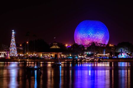 Orlando, Florida. November 29, 2019. Panoramci view of Christmas tree and big sphere at Epcot (7)のeditorial素材