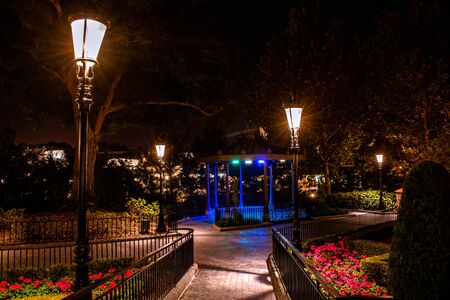 Orlando, Florida. November 29, 2019. Vintage streetlights, colorful flowers and garden in France Pavillion at Epcot (44)のeditorial素材