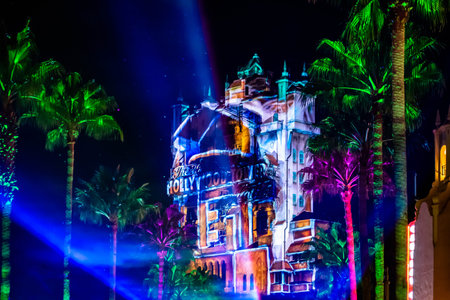 Orlando, Florida. November 27, 2019 Colorful projections on The Hollywood Tower Hotel at Hollywood...