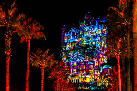 Orlando, Florida. November 27, 2019 Colorful projections on The Hollywood Tower Hotel at Hollywood Studios (192)のeditorial素材