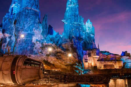 Orlando, Florida. November 27, 2019. Partial view of Millennium Falcon and blue mountains in Star Wars Galaxys Edge at Hollywood Studios (106)のeditorial素材