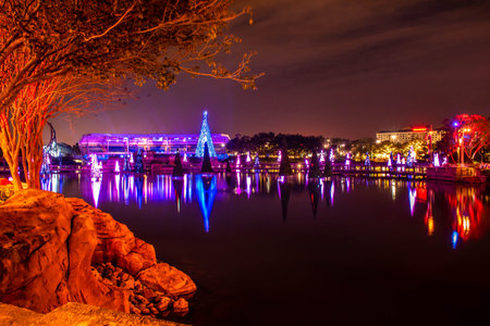Orlando, Florida. December 30, 2019. Beautiful view of Christmas trees and Bayside Stadium at...