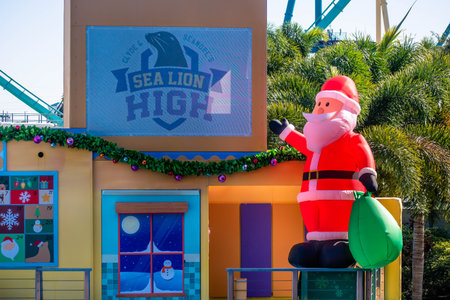 Orlando, Florida. December 07, 2019. Santa Claus inflatable in Sea Lion and trainer High Christmas...