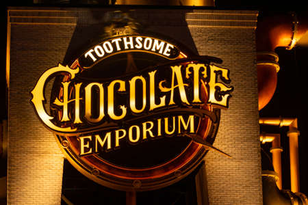 Illuminated Chocolate Emporium sign at Universals Citywalkのeditorial素材
