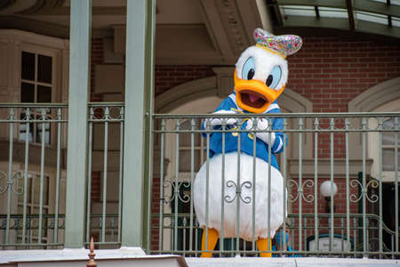 Orlando, Florida. August 04, 2020. Donald Duck waving from the balcony at Walt Disney World Railroad at Magic Kingdom (397)のeditorial素材