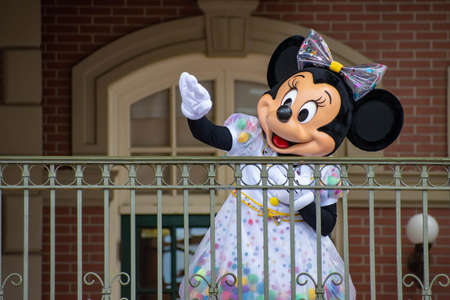 Orlando, Florida. August 04, 2020. Minnie Mouse waving from the balcony at Walt Disney World Railroad at Magic Kingdom (368)のeditorial素材
