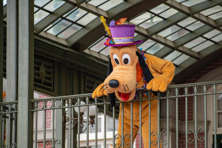 Orlando, Florida. August 04, 2020. Pluto waving from the balcony at Walt Disney World Railroad at Magic Kingdom (442)のeditorial素材