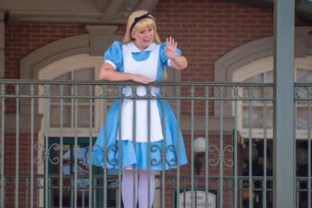 Orlando, Florida. September 02, 2020. Alice waving from the balcony at Walt Disney World Railroad at Magic Kingdom (123)のeditorial素材