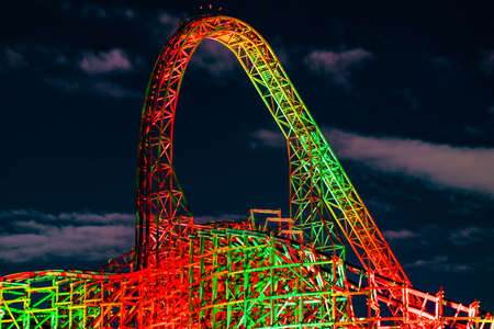 Tampa Bay, Florida. December 29, 2020. Top view of illuminated Iron Gwazi roller coaster at Busch Gardens (30)のeditorial素材