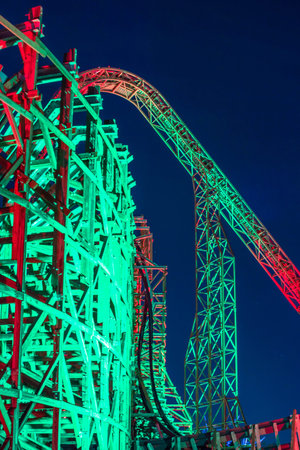 Tampa Bay, Florida. December 29, 2020. Top view of illuminated Iron Gwazi roller coaster at Busch Gardens (31)のeditorial素材