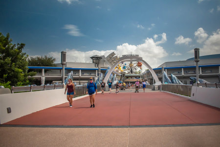 Orlando, Florida. September 21, 2020. Panoramic view of Tomorrowland arch in Magic KIngdom (98)