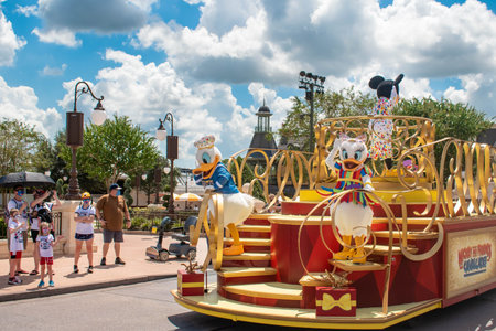 Orlando, Florida. August 04, 2020. Donald, Daisy and Mickey on beautiful parade float at Magic...