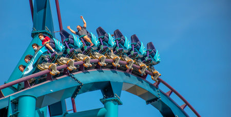 Orlando, Florida. July 28, 2021. People having fun Mako rollercoaster at Seaworld (2)