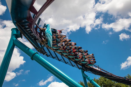 Orlando, Florida. September 28, 2021. People enjoying terrific Mako roller coaster at Seaworld (68)のeditorial素材
