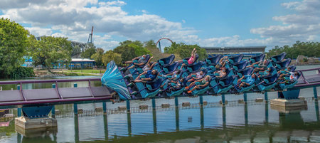 Orlando, Florida. September 28, 2021. People enjoying terrific Mako roller coaster at Seaworld (65)のeditorial素材