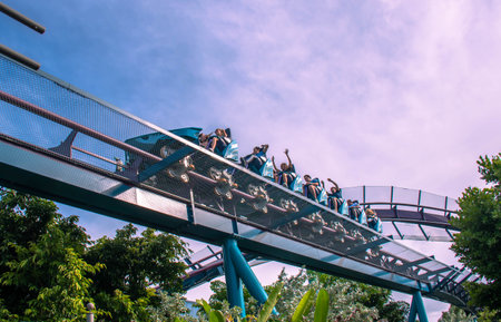 Orlando, Florida. September 28, 2021. People enjoying terrific Mako roller coaster at Seaworld (69)のeditorial素材