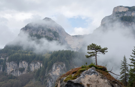 Mountain landscape with fog in the Italian Dolomites.の素材