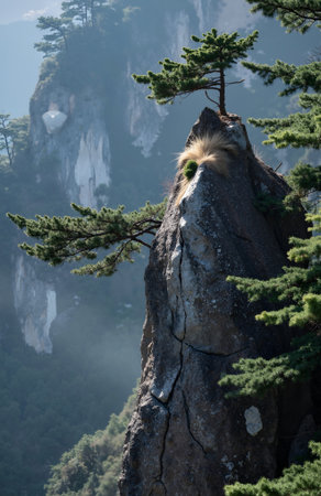 Pine tree growing on top of a rock in Huangshan, Chinaの素材