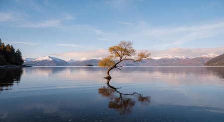 Lonely tree on the shore of lake Wanaka, New Zealandの素材