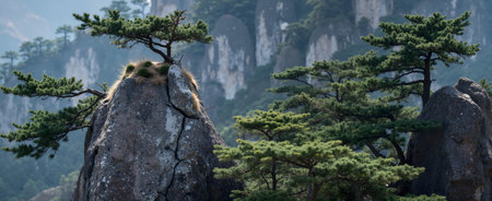 Monkey on a rock in Huangshan National Park, Chinaの素材