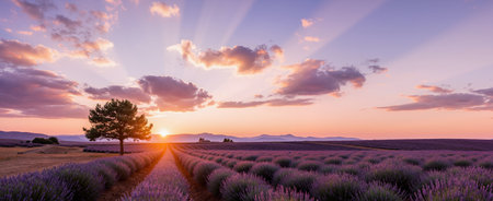 Sunset over lavender field in Provence, France.の素材