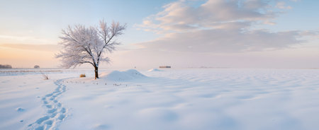 Panorama of a snow-covered field and a tree at sunsetの素材