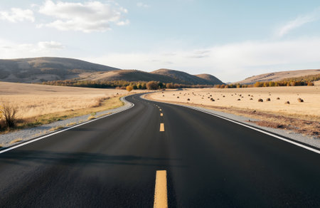 Asphalt road in the middle of the steppe. Autumn landscape.の素材