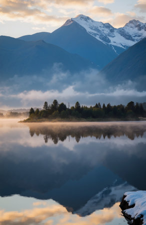 Reflection of mountains and clouds in Lake Wanaka, New Zealandの素材