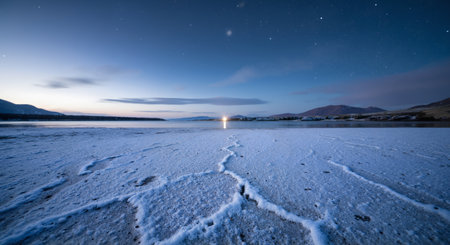 Frozen lake at night with starry sky. Long exposure.の素材