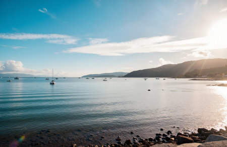 Seascape with yachts and boats in the bay at sunsetの素材