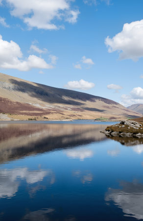 Mountain landscape with lake and reflection in water, England, UKの素材