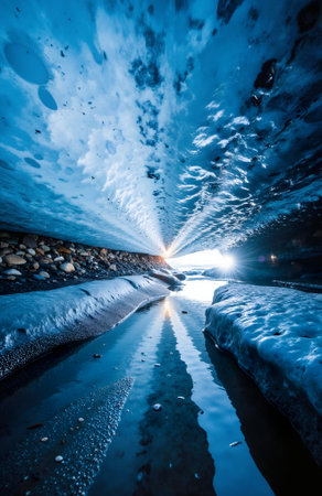 A beautiful winter landscape of a frozen river with ice and snow.の素材