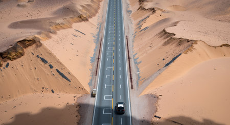 Aerial view of highway in the middle of the Sahara desert, Moroccoの素材