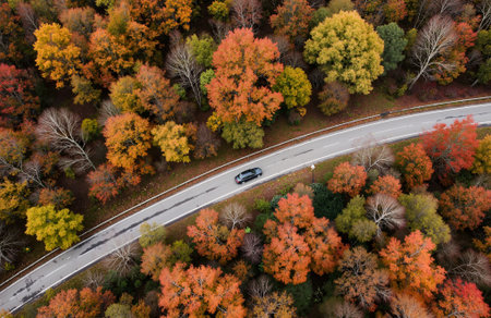 Aerial view of the road in autumn forest with colorful trees.の素材