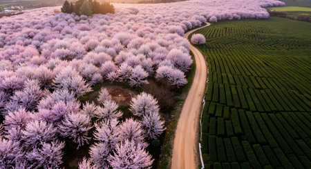 Aerial view of Cherry blossom in Chiang Rai, Thailandの素材
