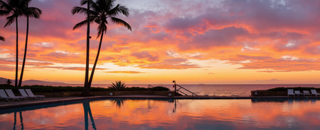 Beautiful Silhouette palm tree with umbrella and chair around swimming pool in hotel resort at sunset time - Vintage Filter and Boost up color Processingの素材