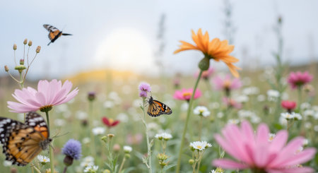 Beautiful flowers and butterfly in the garden, soft focus background.の素材