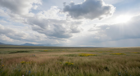 Landscape of the steppe with blue sky and white clouds.の素材