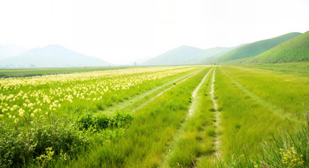 Green meadow with dirt road and mountains in the background, Chinaの素材