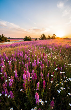 Sunset over a field of lupine flowers in summer.の素材
