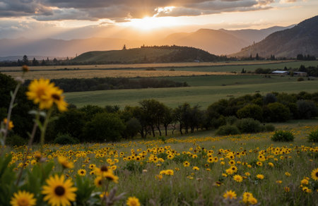 Sunflowers in the meadow at sunset, Tuscany, Italyの素材