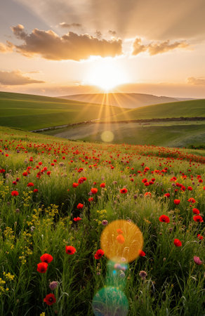Sunset over a field of green grass and mountains in the backgroundの素材