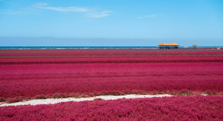 Beautiful pink clover field with a pavilion at the beachの素材