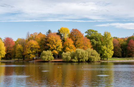 Autumn landscape with lake and colorful trees in the city park.の素材