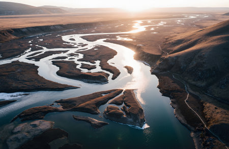 Aerial view of the river and mountains at sunset. Beautiful natural landscapeの素材