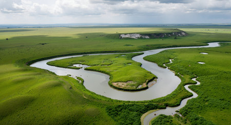 Aerial view of a small river in the middle of the steppeの素材