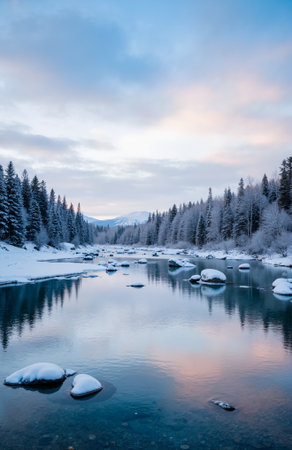 Beautiful winter landscape with frozen mountain river and snow covered forest at sunsetの素材