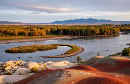 Autumn landscape with river and sand dunes. Siberia, Russiaの素材