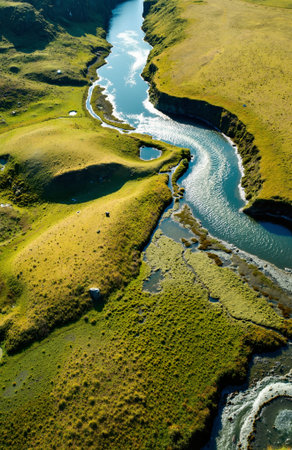Aerial view of the river flowing through the green grassland in Icelandの素材